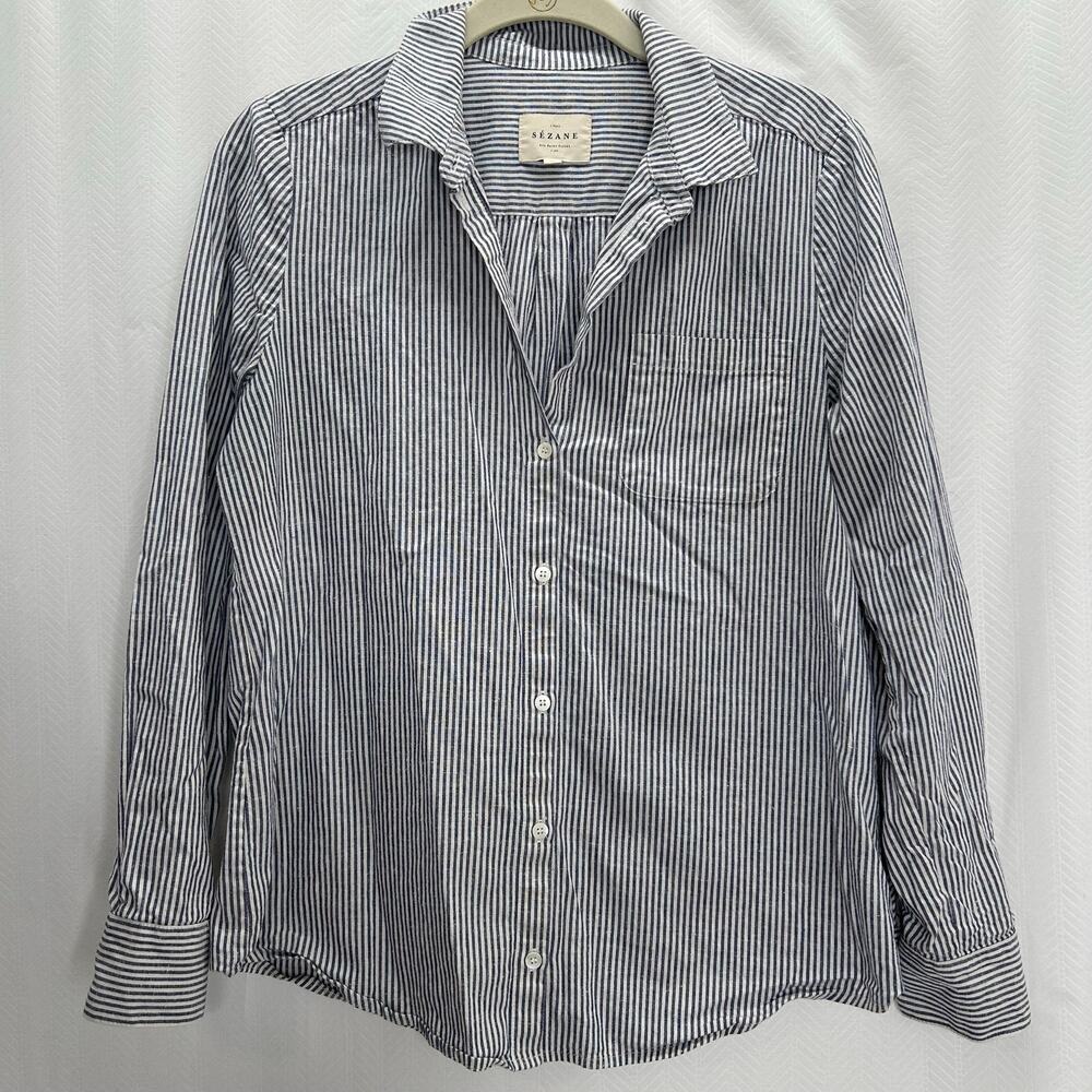 Sezane woman’s blue and white striped shirt button up preppy nautical academic